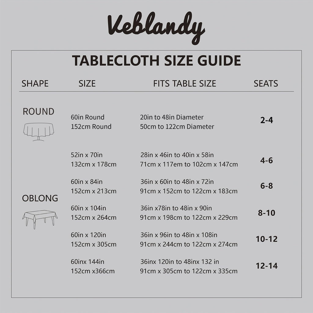 Tablecloth size guide showing round and oblong shapes with corresponding sizes, fits table sizes, and seat counts.