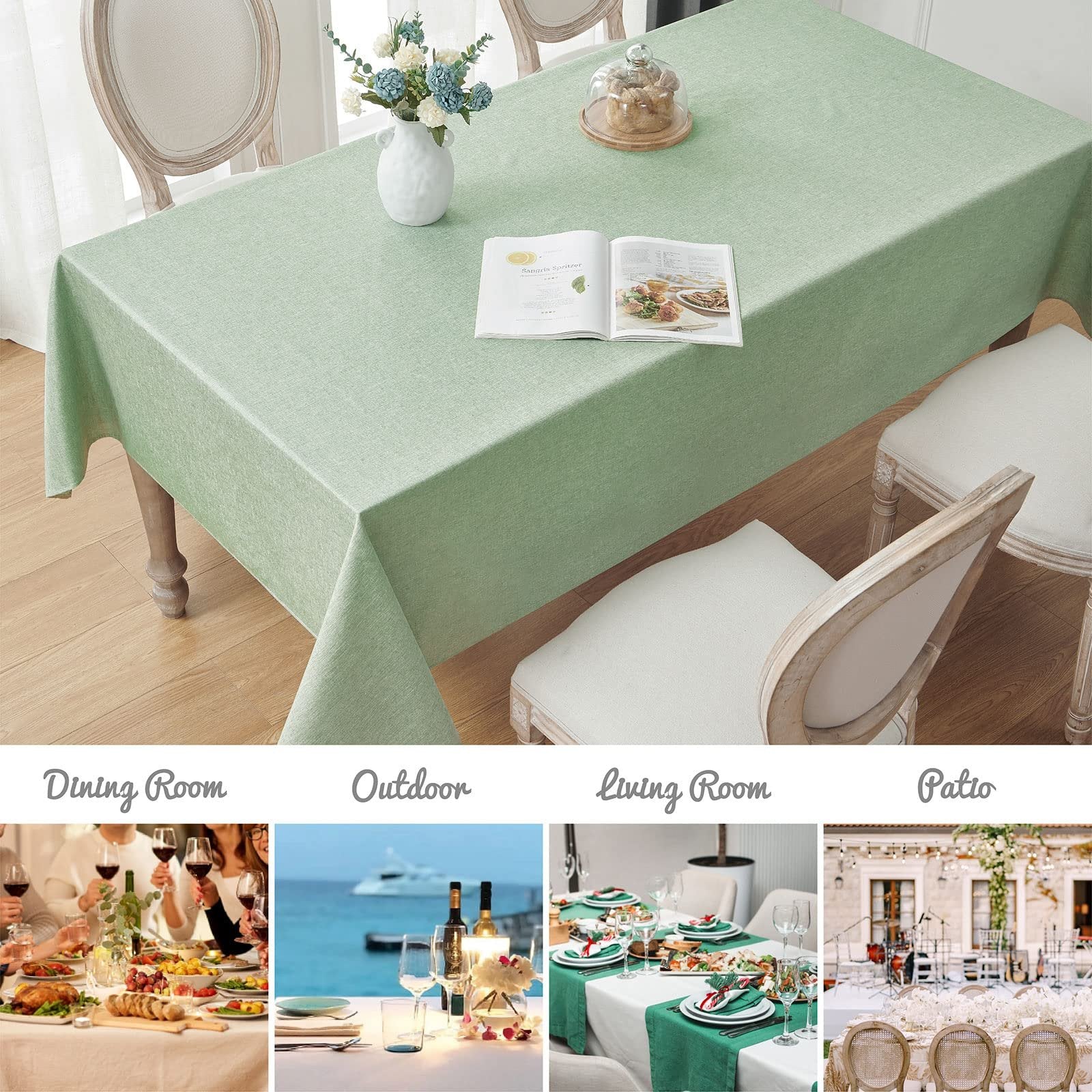 Sage green linen textured tablecloth on a dining table with chairs, flowers, and a book. Collage shows dining room, outdoor, living room, and patio settings.