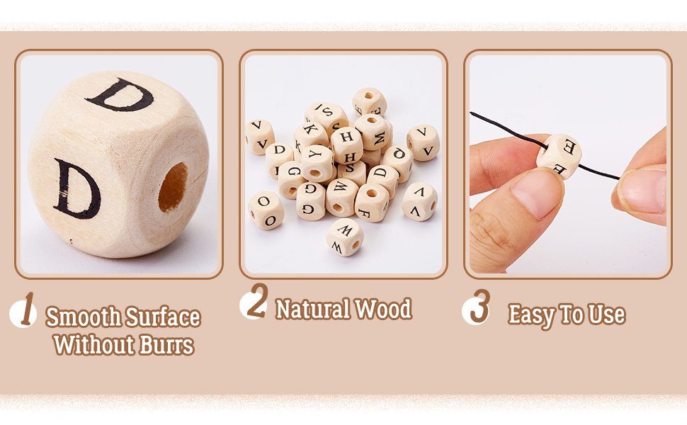Three panels showing natural wood cube alphabet beads. Left panel: close-up of a large bead with letter D. Middle panel: pile of small alphabet beads. Right panel: hand threading a bead onto string.