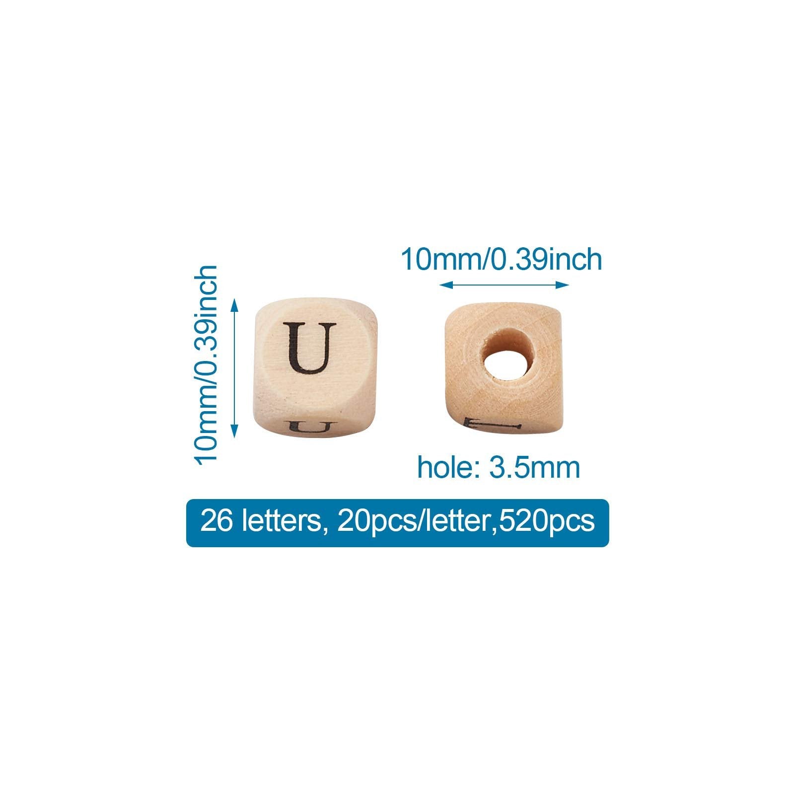 Two wooden alphabet beads, one showing the letter U, with dimensions and hole size indicated.