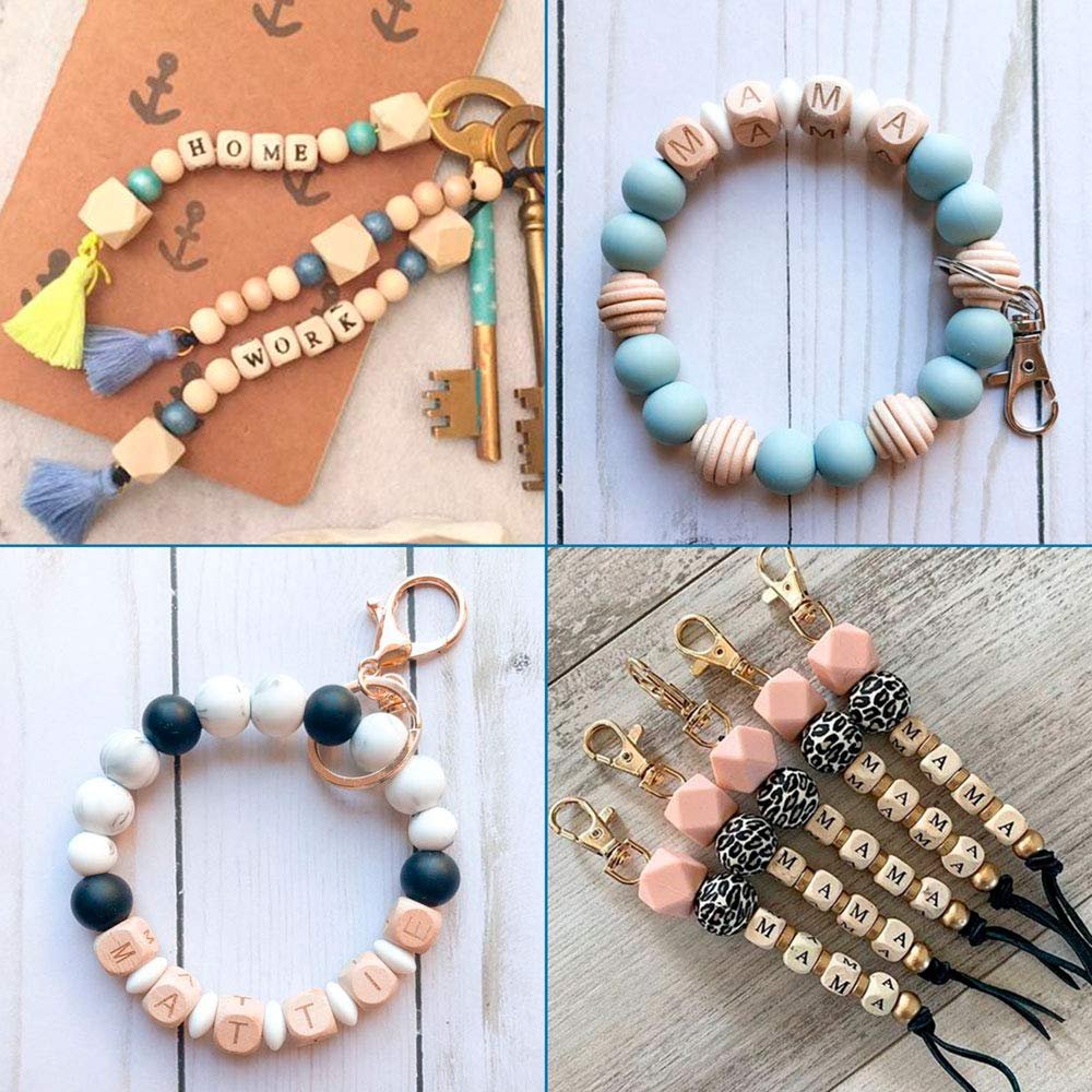 Four different beaded keychains and bracelets with letter beads spelling out words and names.