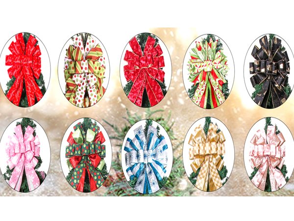 Collection of ten Christmas tree topper bows in various colors and patterns, displayed in oval frames.