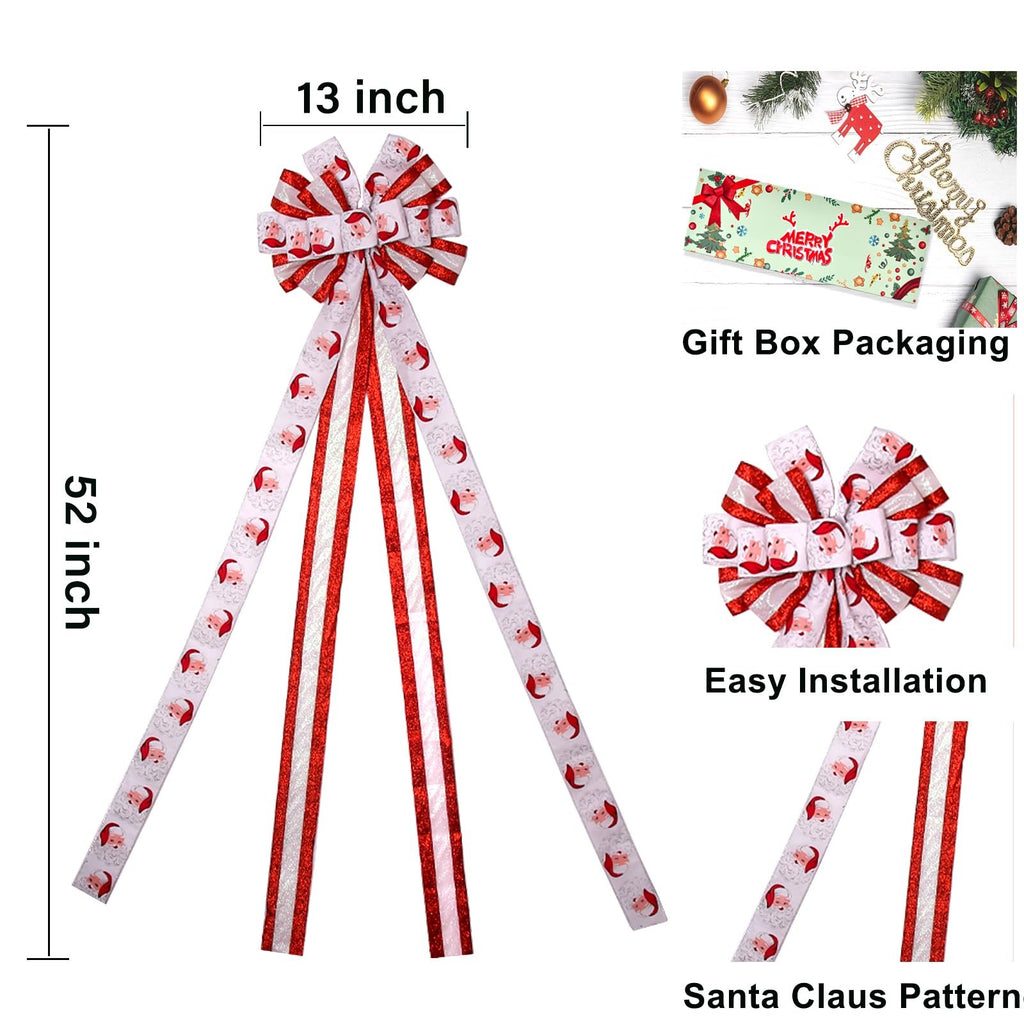 Large Christmas tree topper bow with Santa Claus pattern and red glitter stripes, 52 inches long.