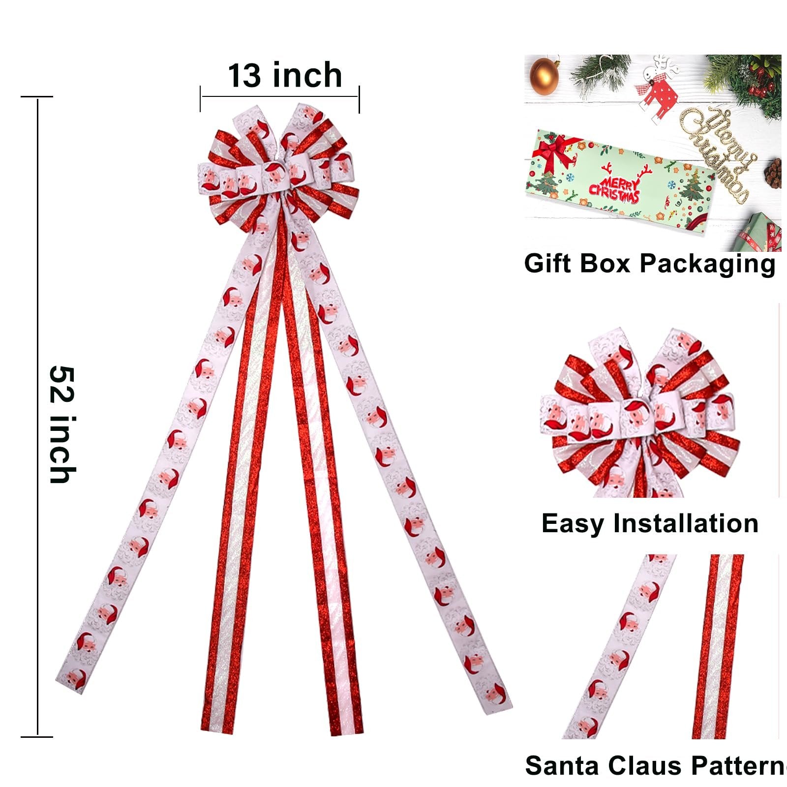 Large Christmas tree topper bow with Santa Claus pattern and red glitter stripes, 52 inches long.
