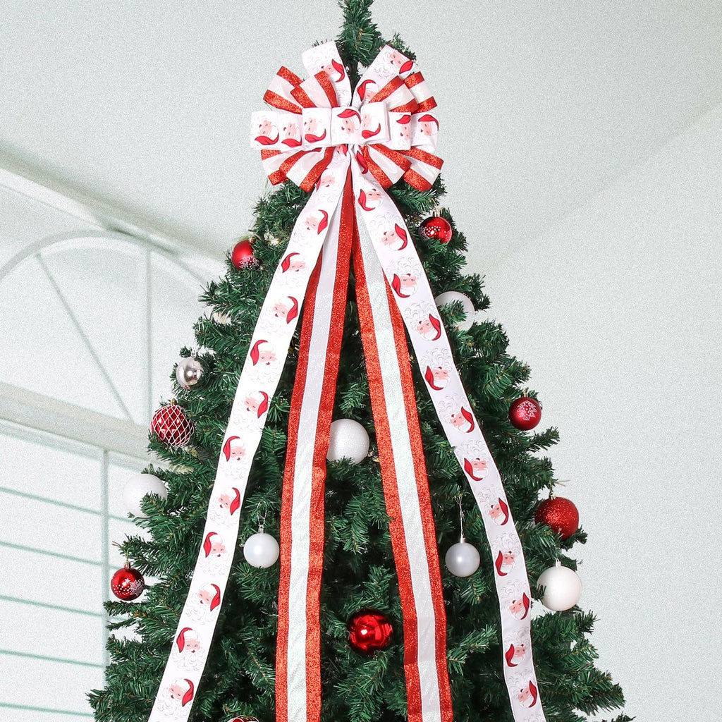 Christmas tree topper bow with Santa Claus pattern ribbon and red glitter streamers, adorning a decorated evergreen tree.