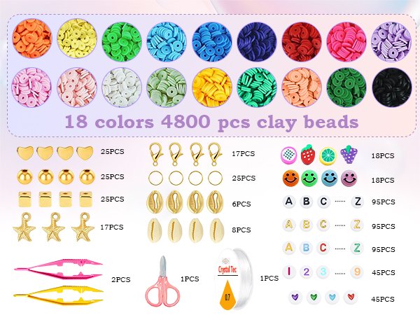 Clay bead bracelet making kit contents including 18 colors of polymer heishi beads, charms, letter beads, clasps, string, scissors, and tweezers.