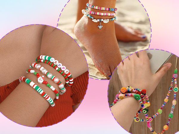 Collage of colorful handmade bracelets and anklets made from polymer clay beads and charms.