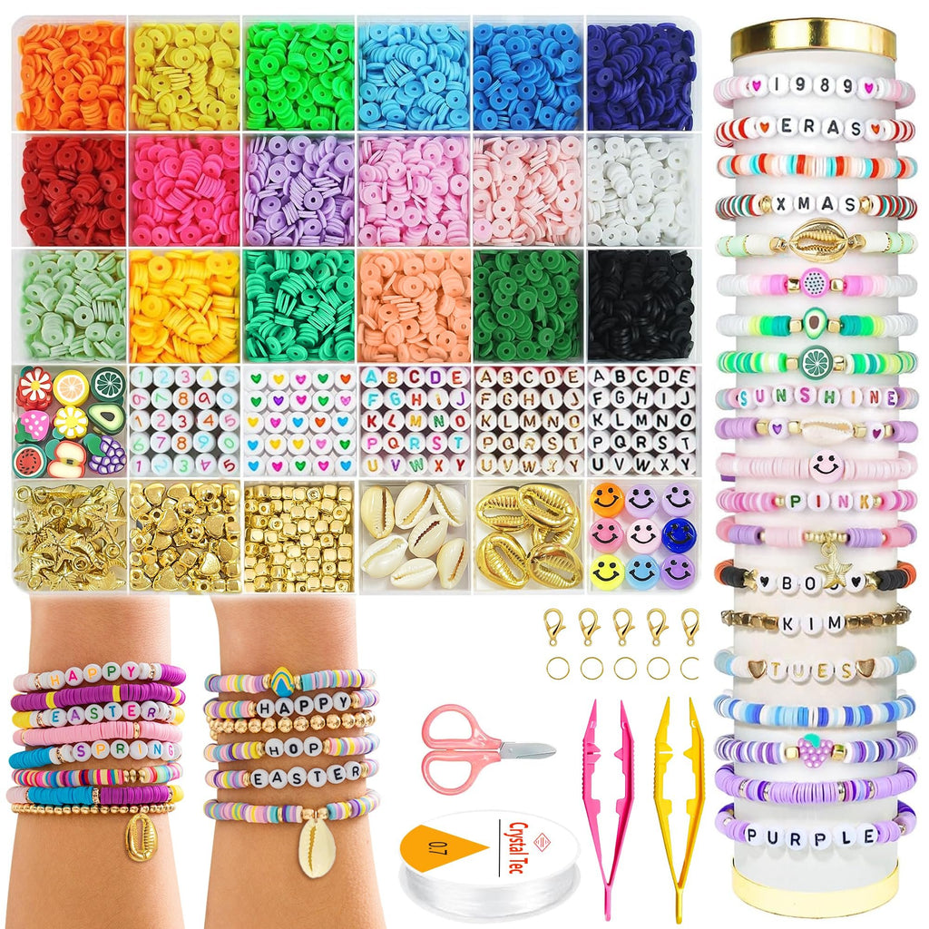 Clay bead bracelet making kit contents including colorful heishi beads, charms, letter beads, clasps, string, scissors, and tweezers.