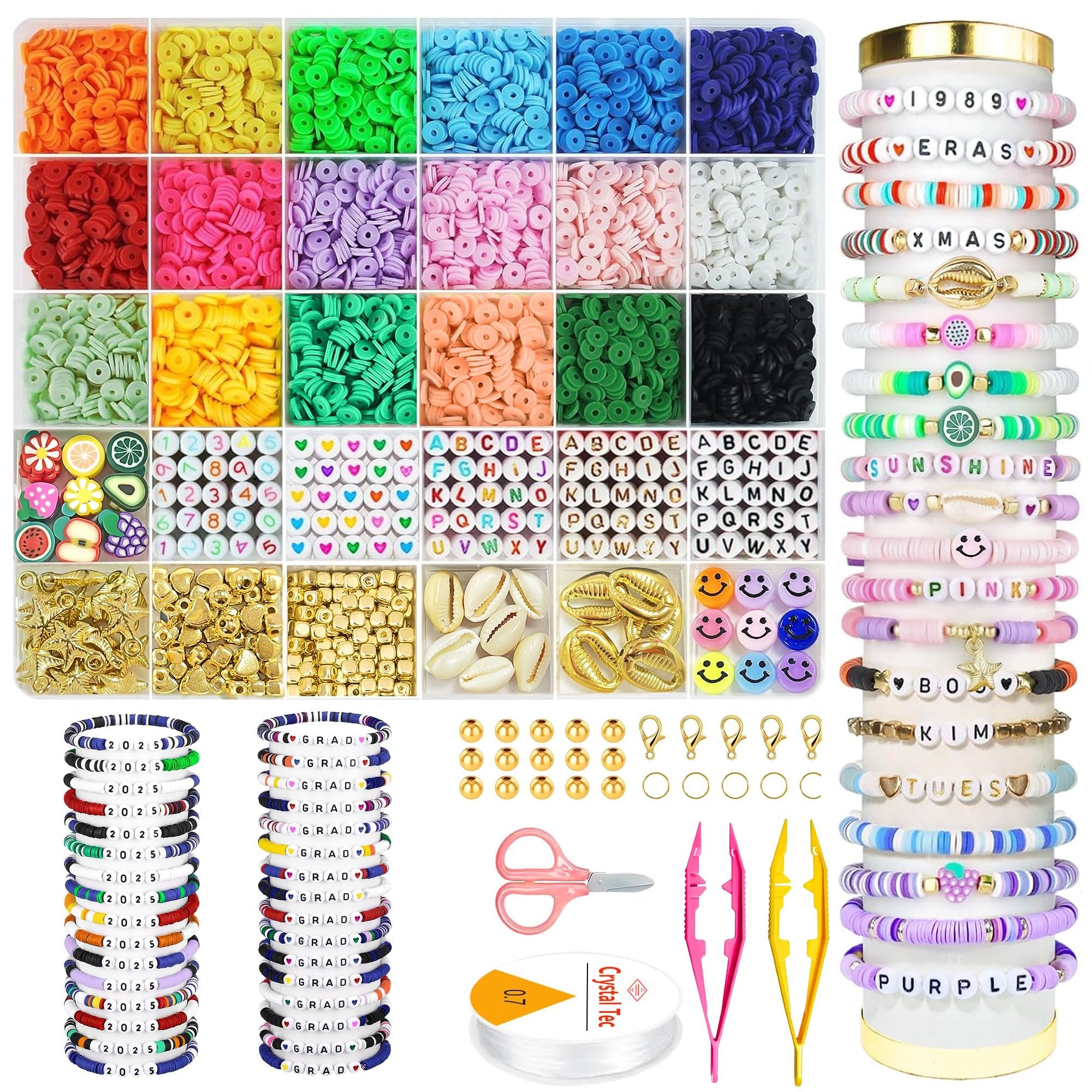 Clay bead bracelet making kit contents including colorful beads, charms, letter beads, clasps, string, scissors, and tweezers.
