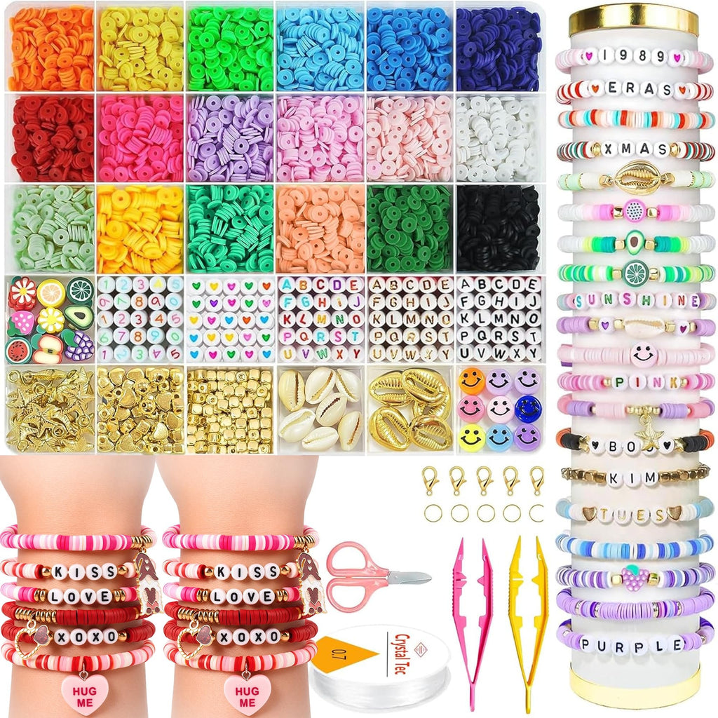 Clay bead bracelet making kit contents including colorful heishi beads, charms, letter beads, string, scissors, and tweezers, with examples of finished bracelets.