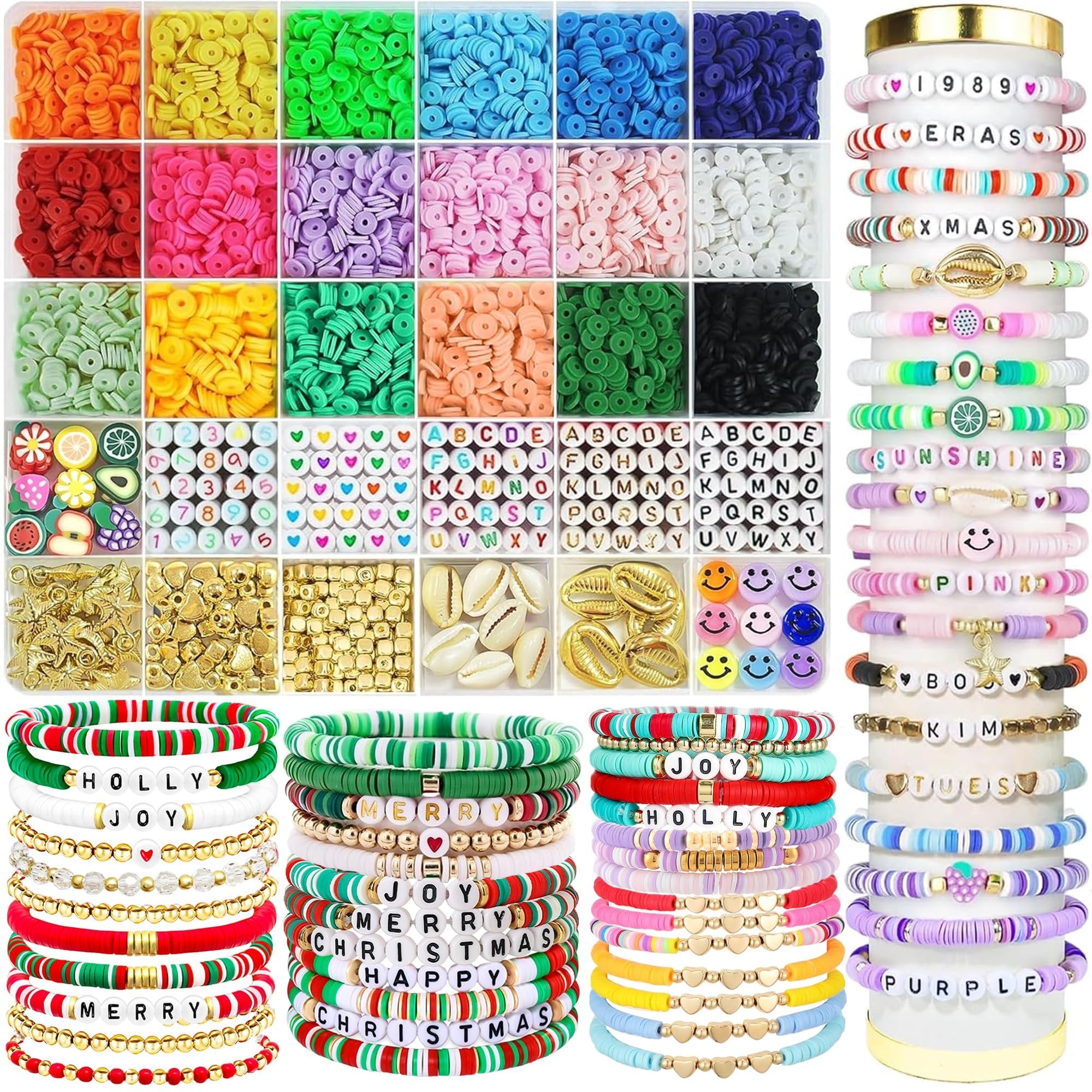 Clay bead bracelet making kit contents including colorful heishi beads, charms, letter beads, and finished bracelets.