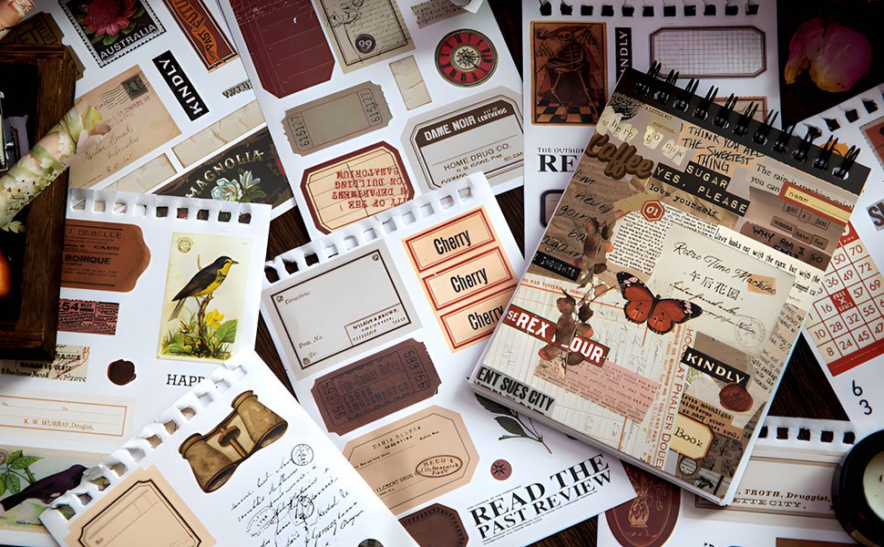 Scrapbook stickers and journaling supplies scattered on a surface, featuring vintage designs, butterflies, and floral elements.