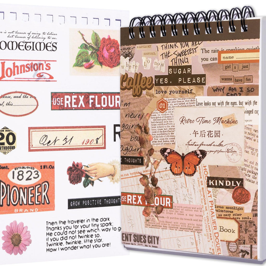 Collage of vintage-style scrapbook stickers featuring roses, butterflies, text, and decorative elements.