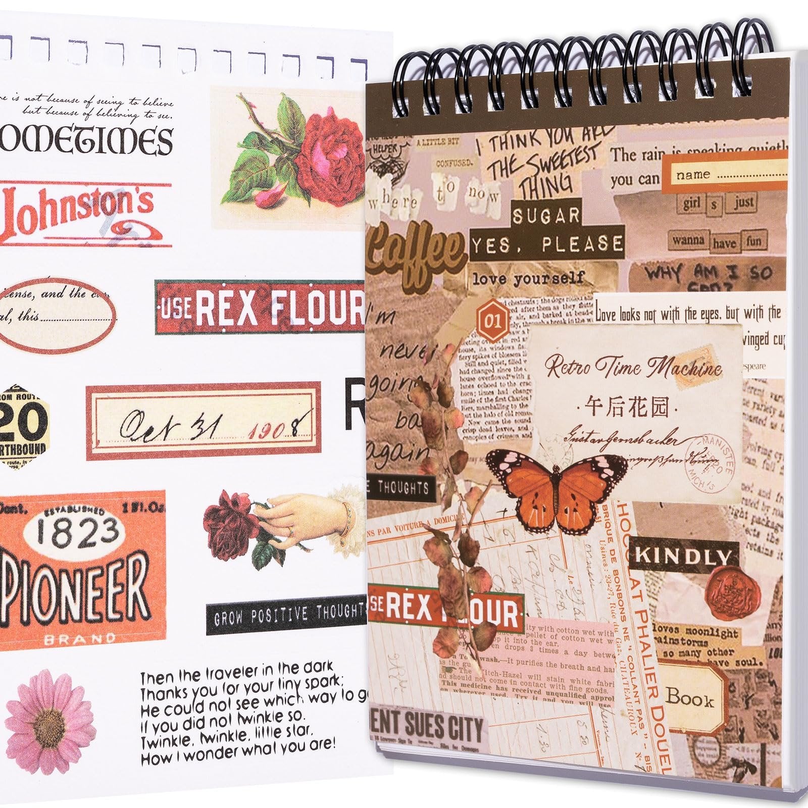 Collage of vintage-style scrapbook stickers featuring roses, butterflies, text, and decorative elements.