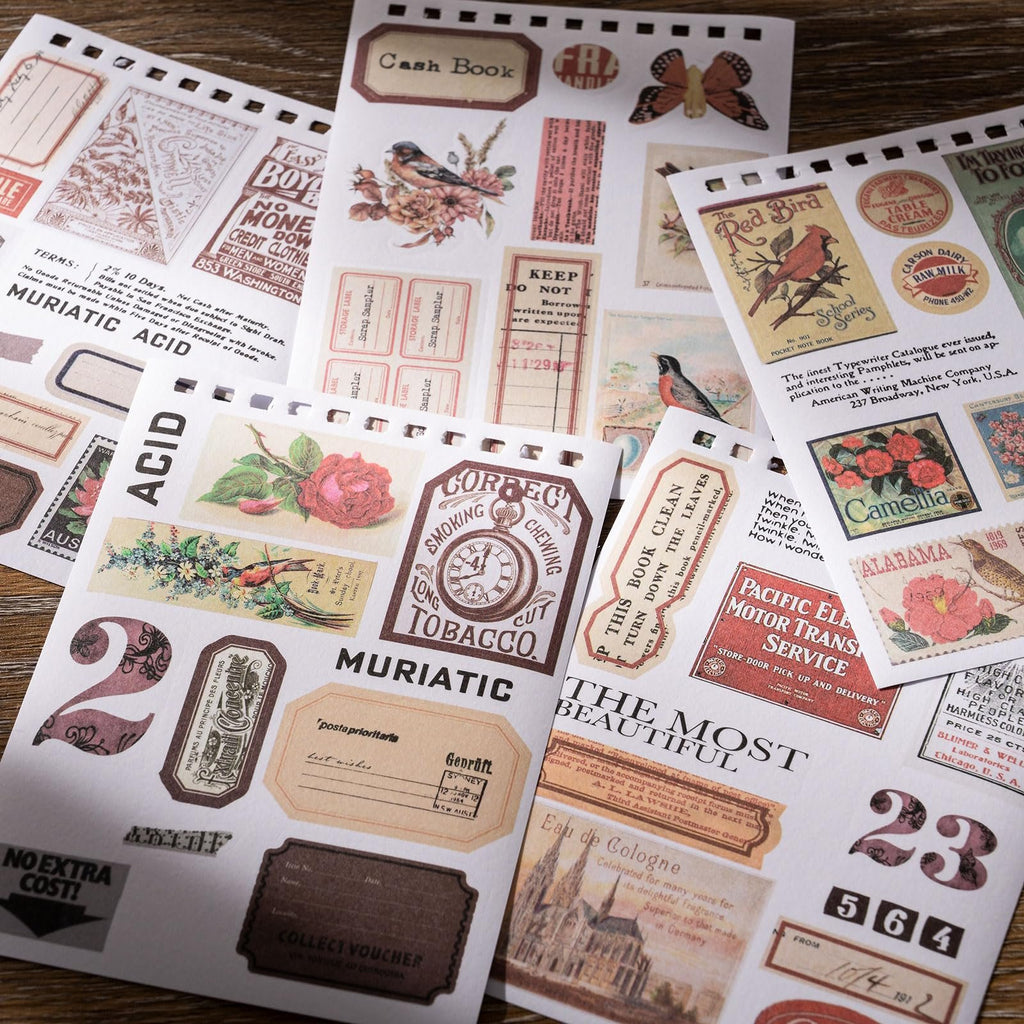 A collection of vintage-style stickers featuring floral designs, birds, butterflies, and text elements like 'Cash Book' and 'Muriatic Acid'.