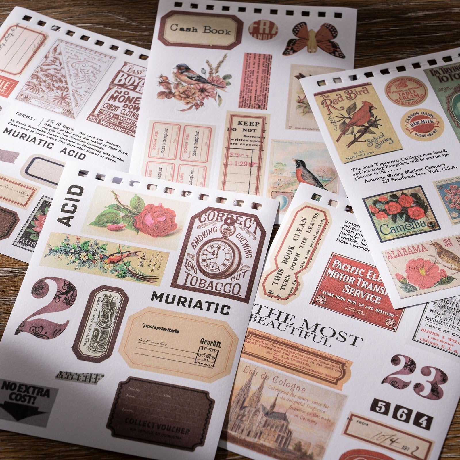 A collection of vintage-style stickers featuring floral designs, birds, butterflies, and text elements like 'Cash Book' and 'Muriatic Acid'.
