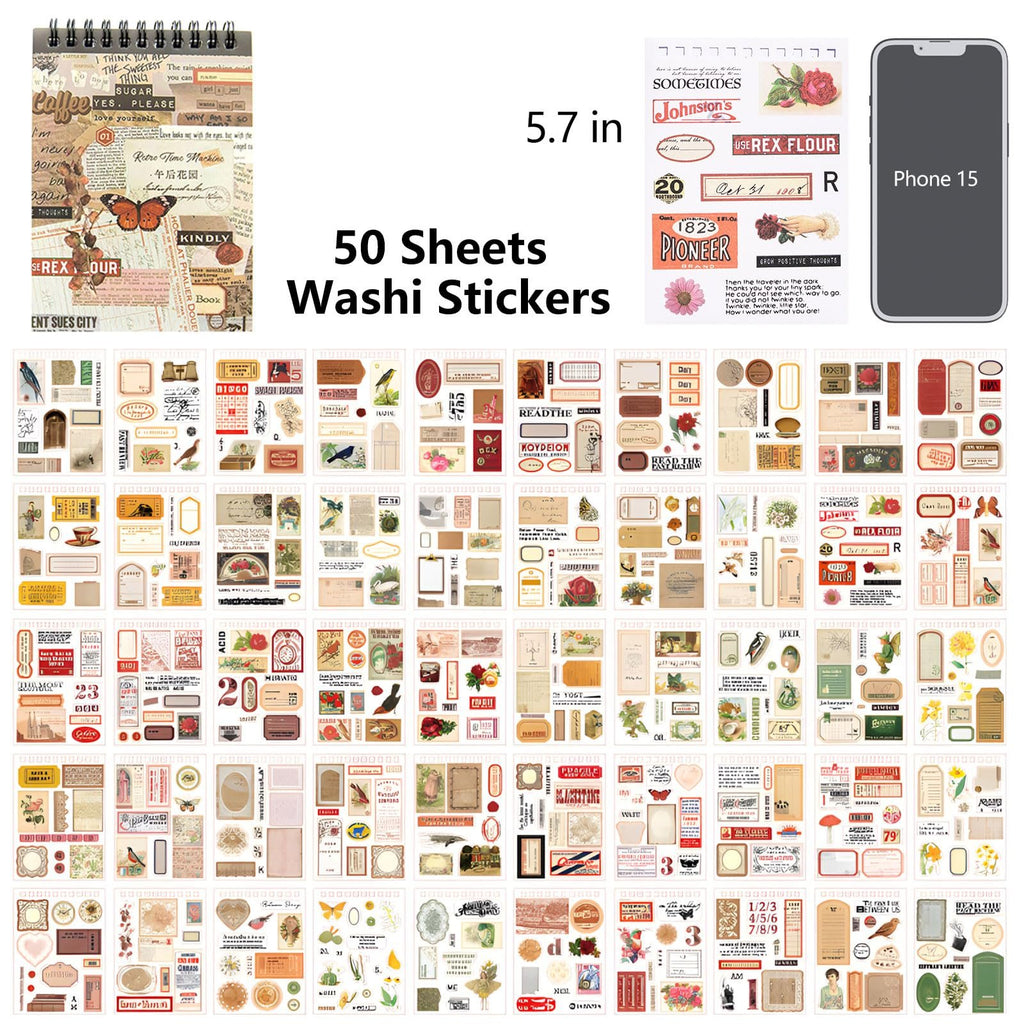 Collage of vintage-style scrapbook stickers featuring butterflies, flowers, coffee cups, and text on sheets and individual pieces.