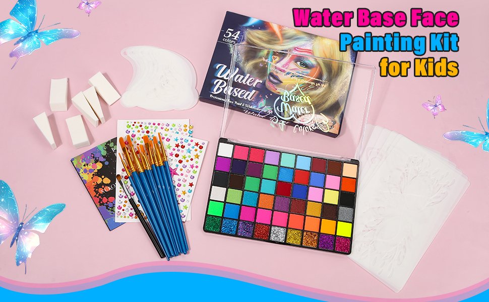 Face and body paint kit with 54 colors, brushes, sponges, stencils, and stickers on a pink background with butterflies.