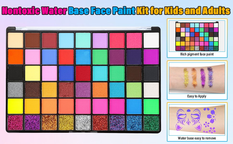 Face and body paint palette with 54 colors, including matte and glitter shades, shown with swatches and stencils.