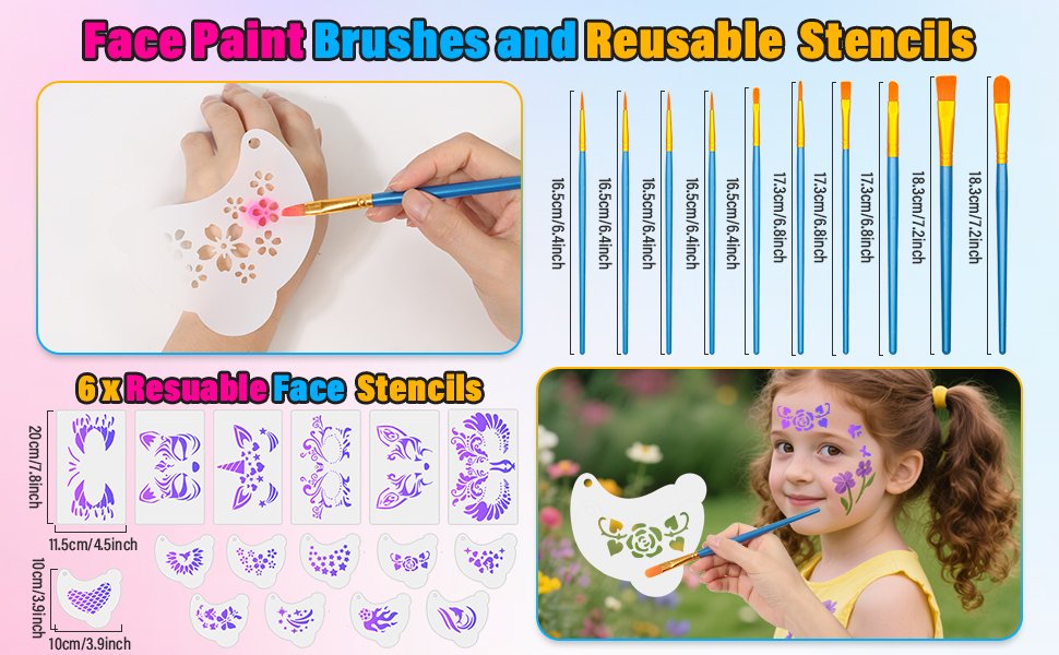 Face paint brushes and stencils shown with dimensions and examples of use on a hand and a child's face.