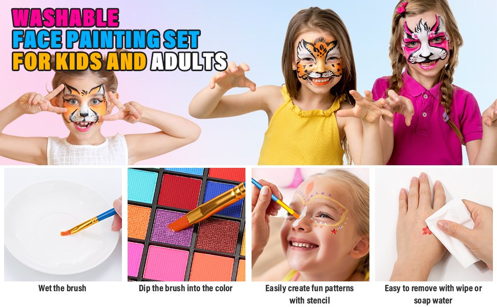 Collage of face painting: kids with painted faces, paint palette, brush in water, applying paint, and wiping paint off hand.
