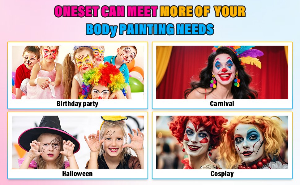 Collage of people with face paint for birthday party, carnival, Halloween, and cosplay