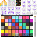 Face and body paint kit with 54 colors, brushes, stencils, and gems laid out flat.