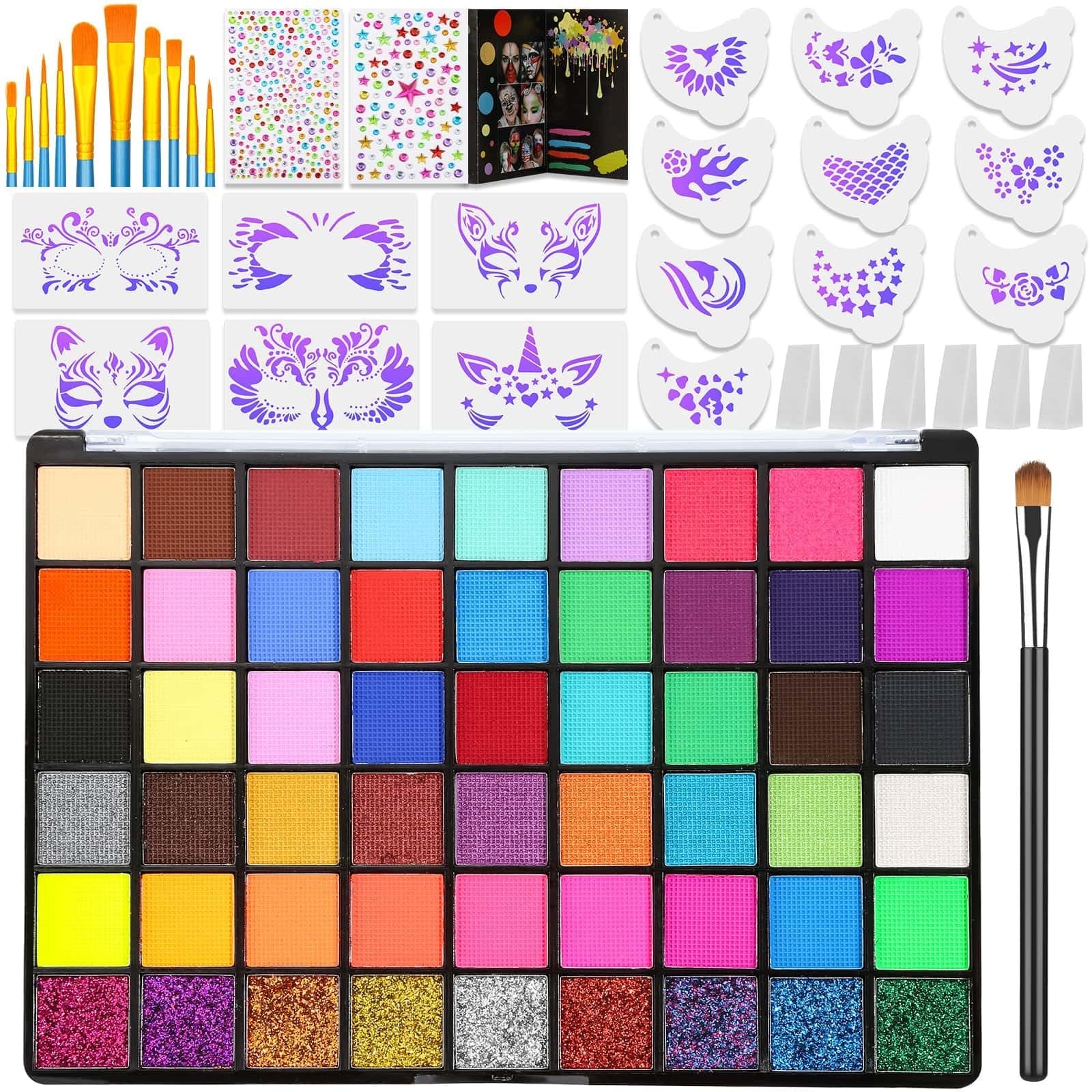 Face and body paint kit with 54 colors, brushes, stencils, and gems laid out flat.