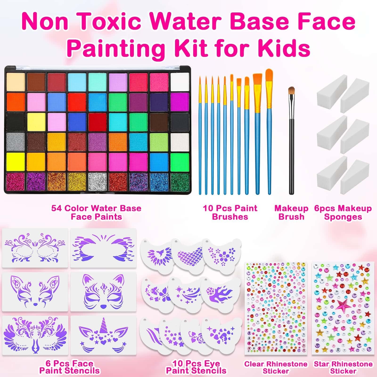 Face and body paint kit for kids, showing a large palette of 54 colors, brushes, sponges, stencils, and rhinestone stickers.
