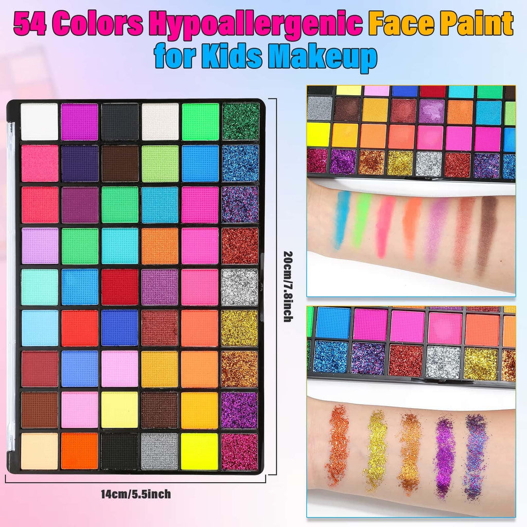Face and body paint palette with 54 colors, including matte and glitter shades, shown with swatches on skin.