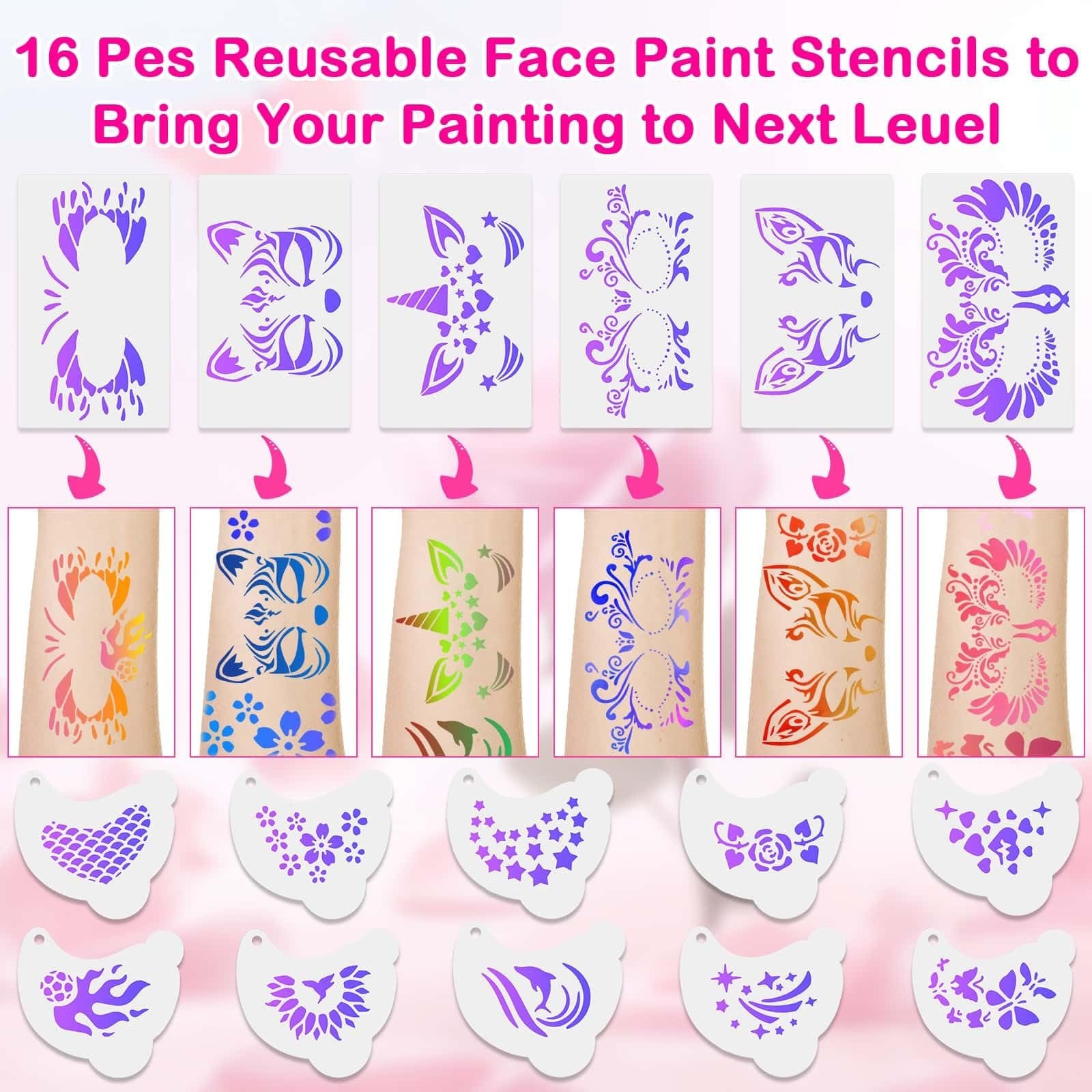 Face paint stencils and examples of painted designs on arms, including unicorns, flowers, and abstract patterns.