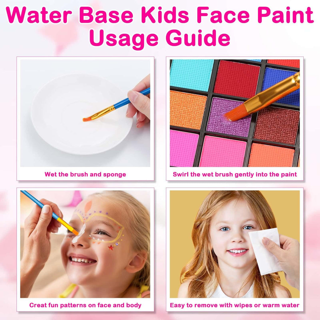 Four-panel guide showing how to use water-activated face paint: wetting a brush, dipping into paint, applying to a child's face, and removing with a wipe.