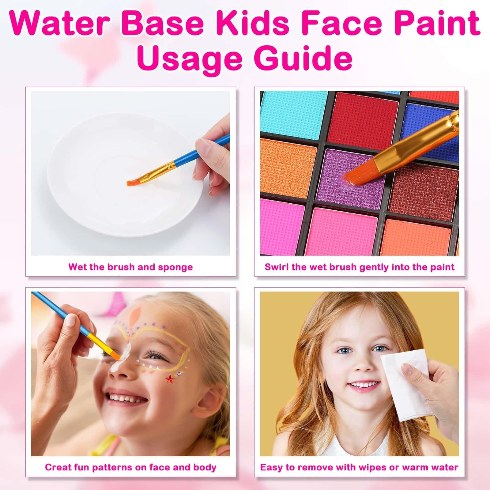 Four-panel guide showing how to use water-activated face paint: wetting a brush, dipping into paint, applying to a child's face, and removing with a wipe.