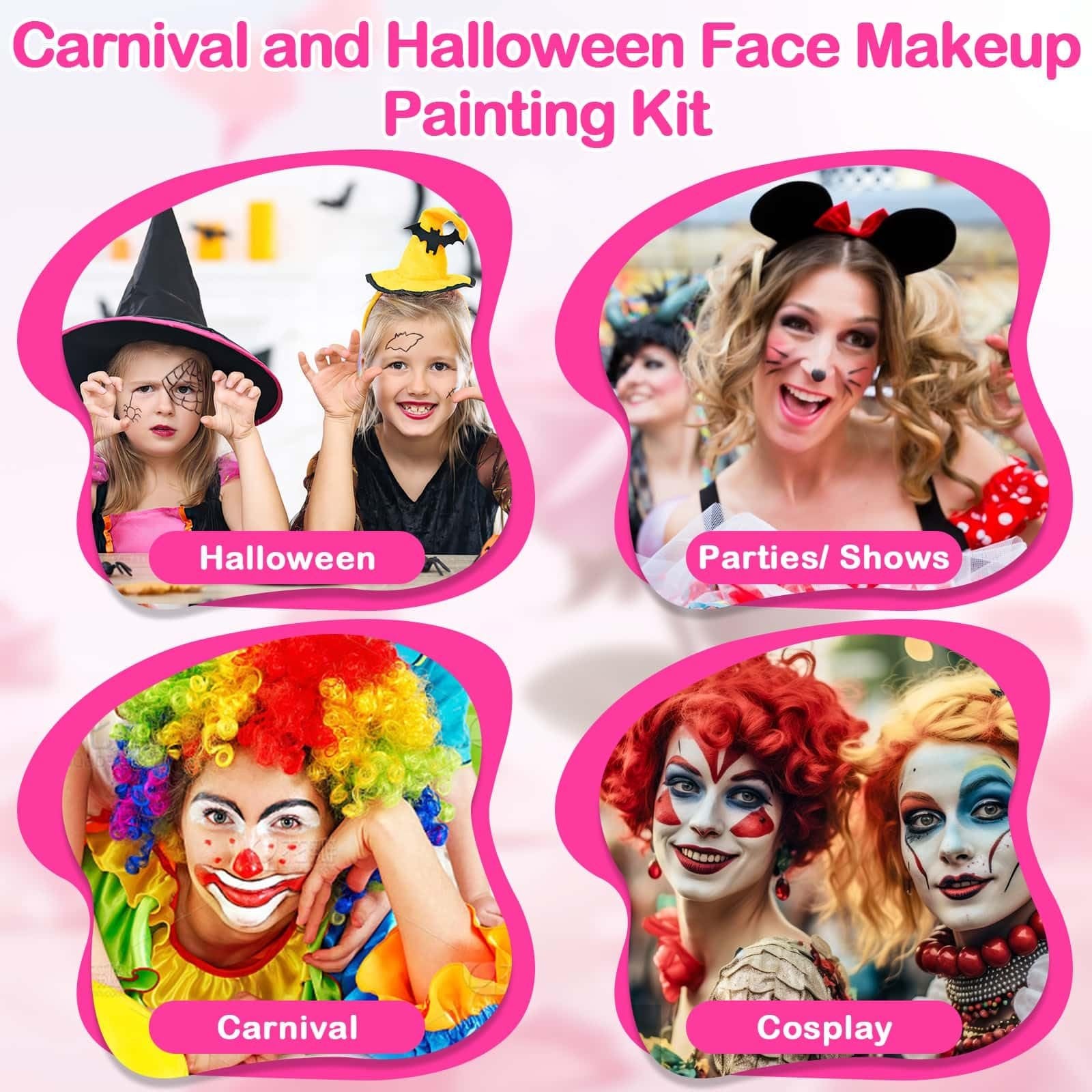 Collage of face painting examples for Halloween, parties, carnival, and cosplay