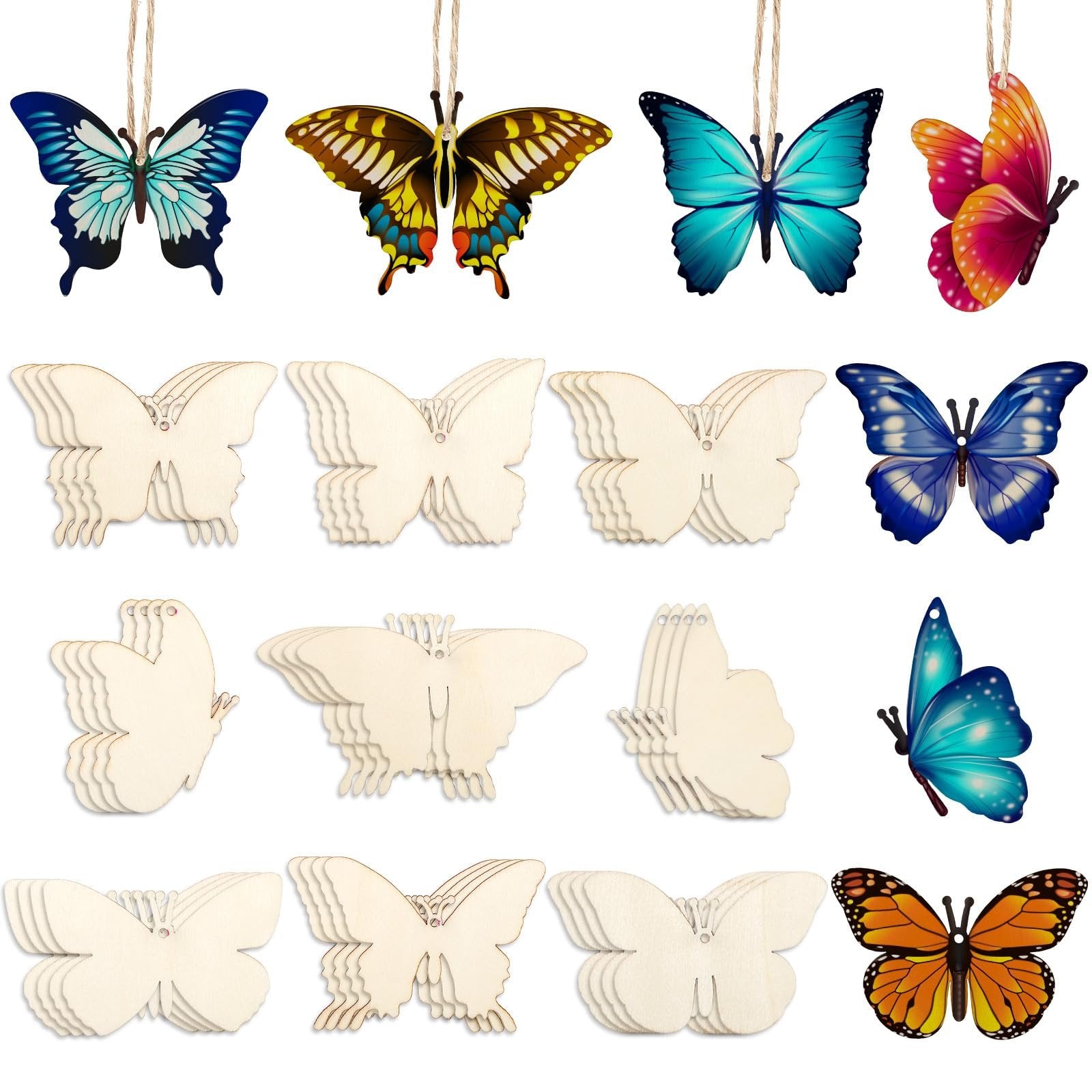 Collection of unfinished wooden butterfly cutouts and decorative painted butterflies with hemp rope for crafts