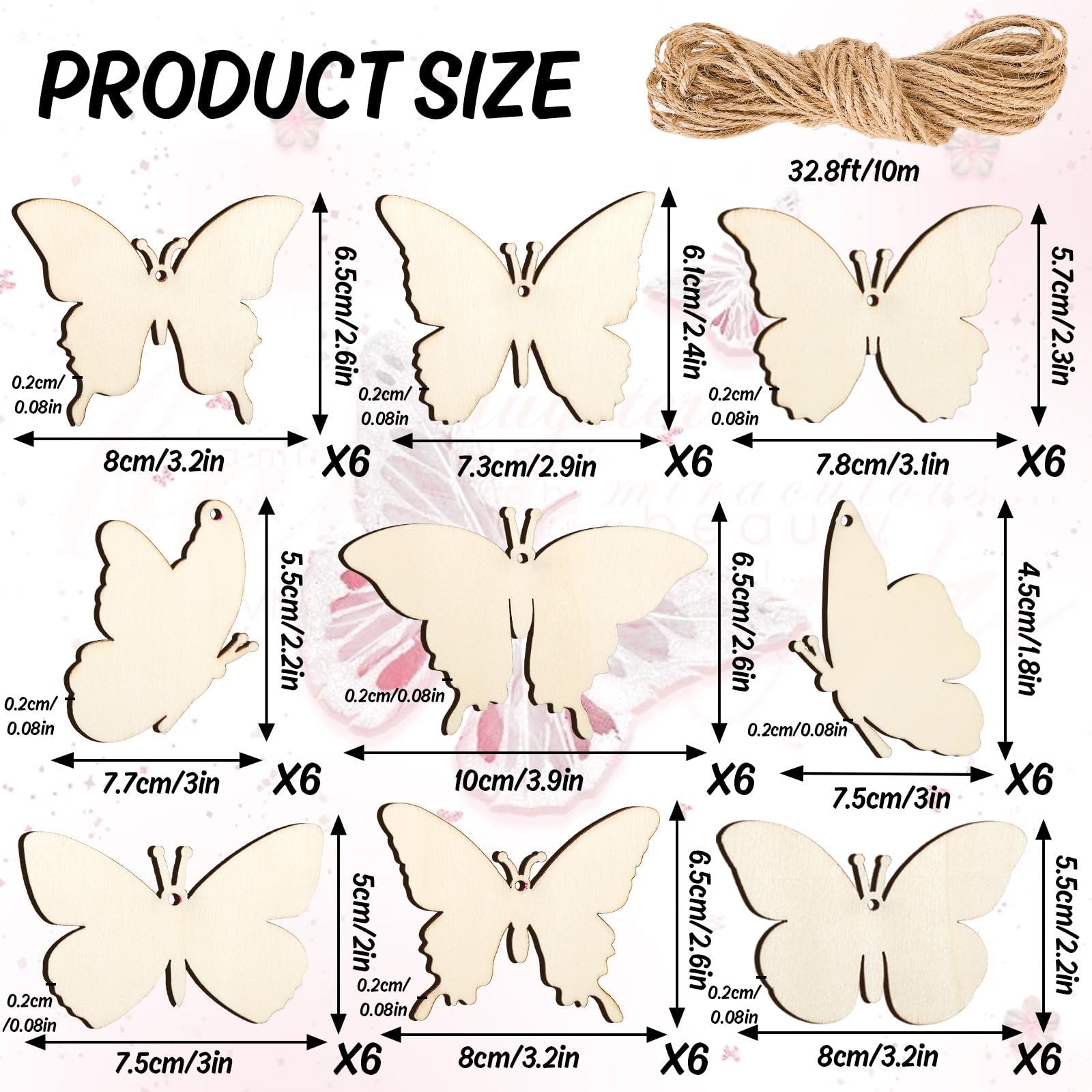 Unfinished wooden butterfly cutouts with dimensions and hemp rope shown. Product size chart.