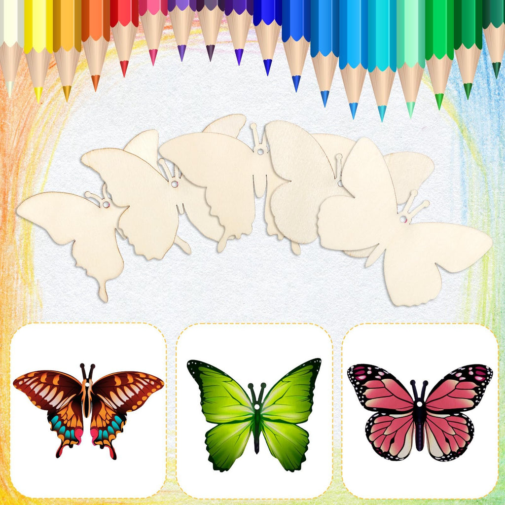 Unfinished wooden butterfly cutouts arranged on a textured background with colored pencils at the top and three decorated butterfly images below.
