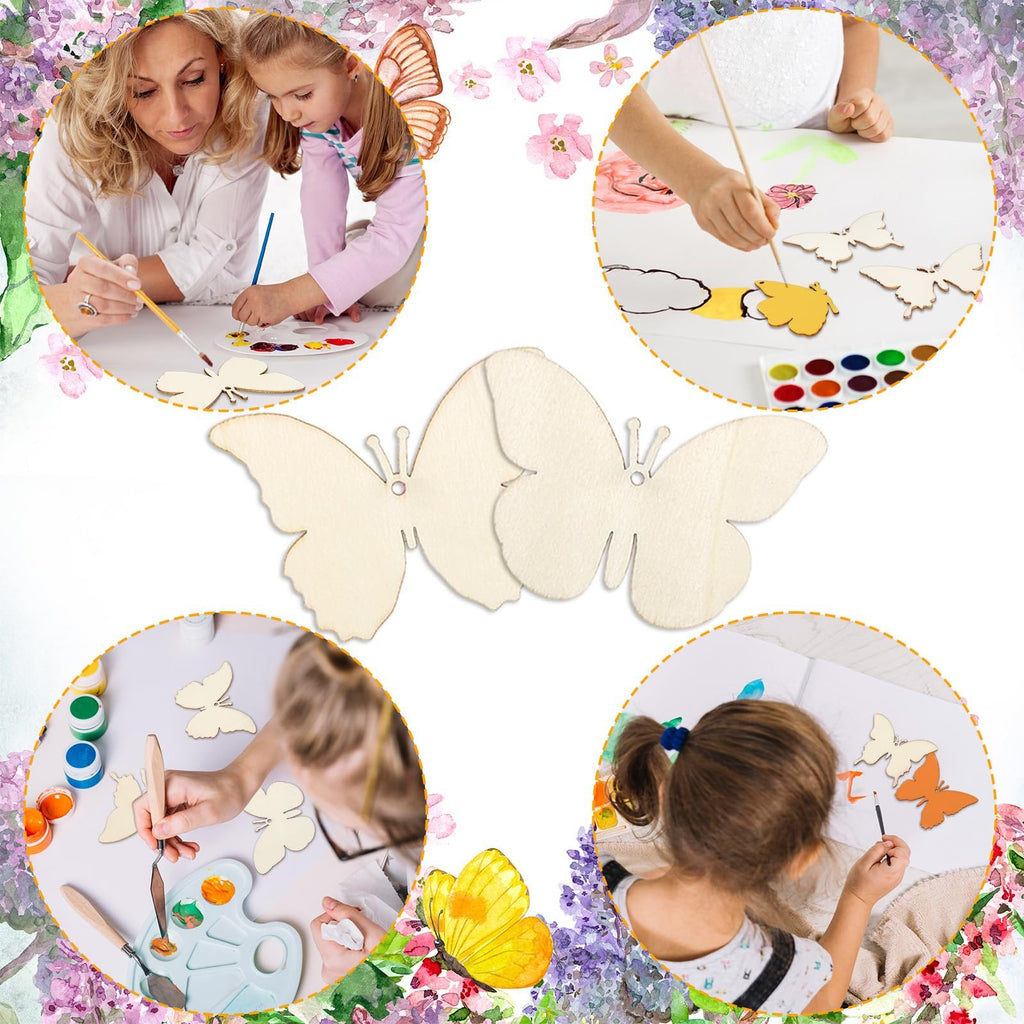 Unfinished wooden butterfly cutouts being painted by children and adults, with watercolor paints and brushes.