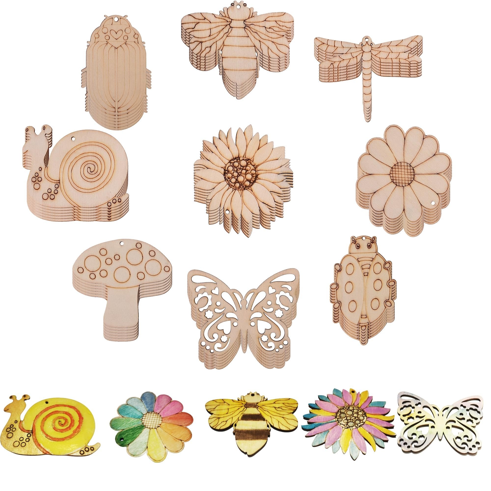 Assortment of unfinished wooden insect and animal craft cutouts, including ladybugs, bees, butterflies, snails, and flowers.