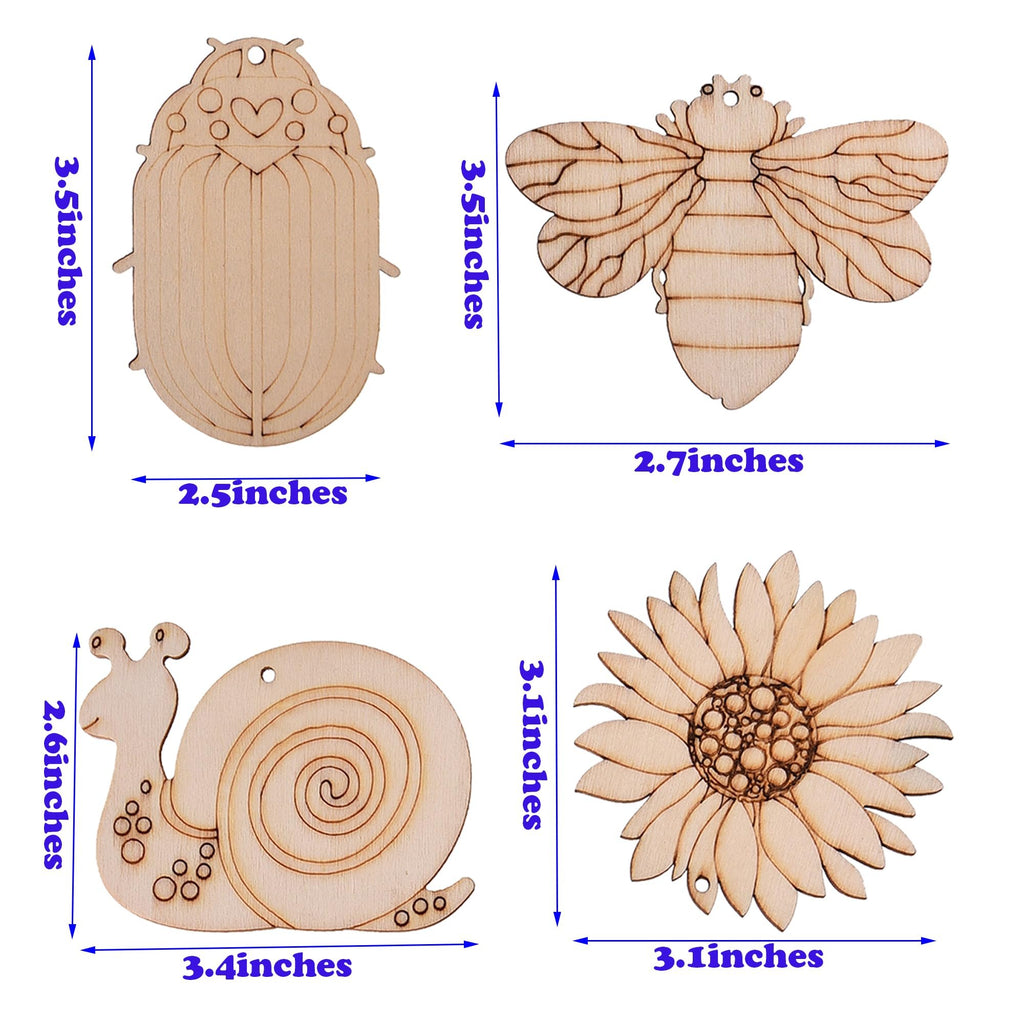 Four unfinished wooden craft cutouts: a beetle, a bee, a snail, and a sunflower, with dimensions indicated.