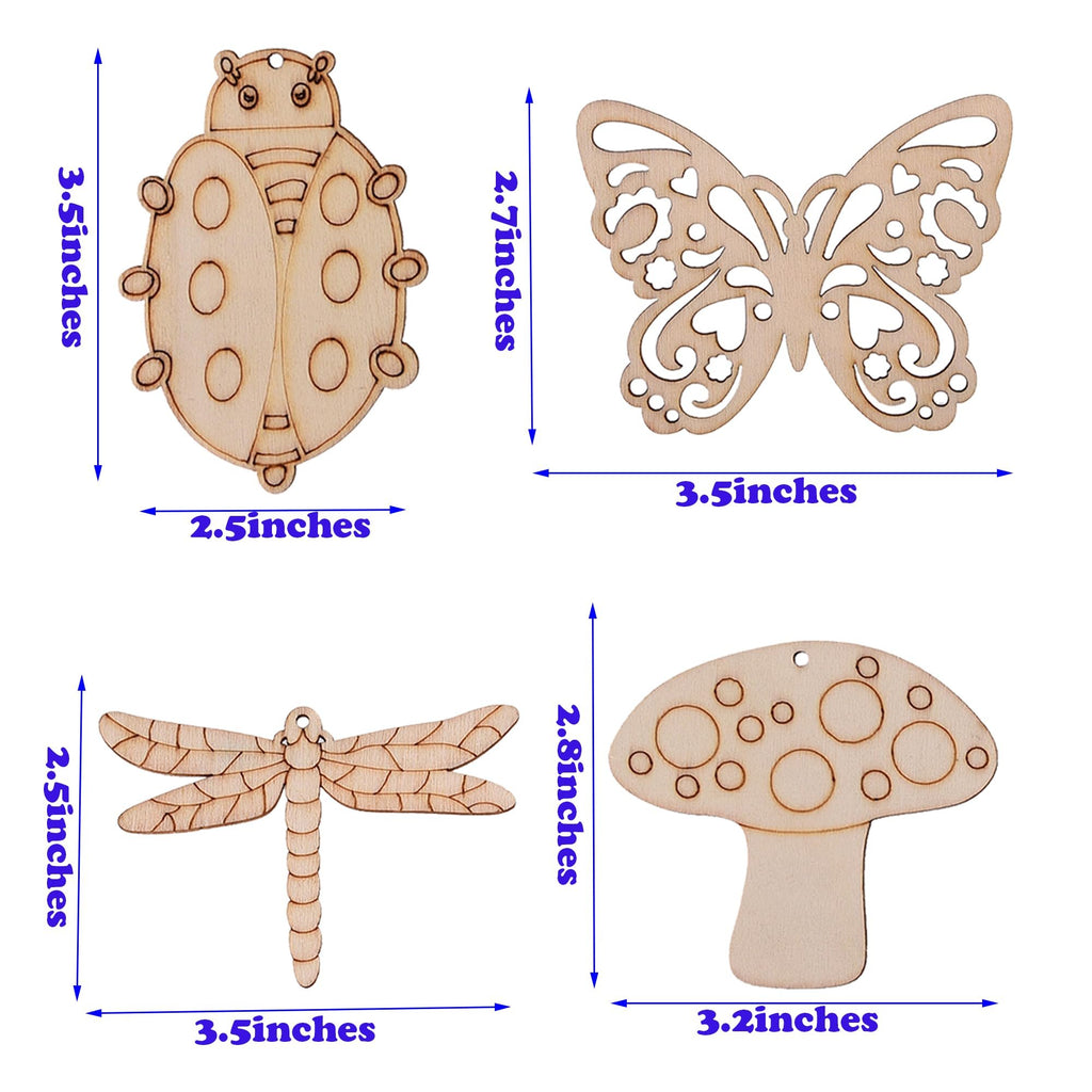 Four unfinished wooden cutouts: ladybug, butterfly, dragonfly, and mushroom, with size dimensions indicated.