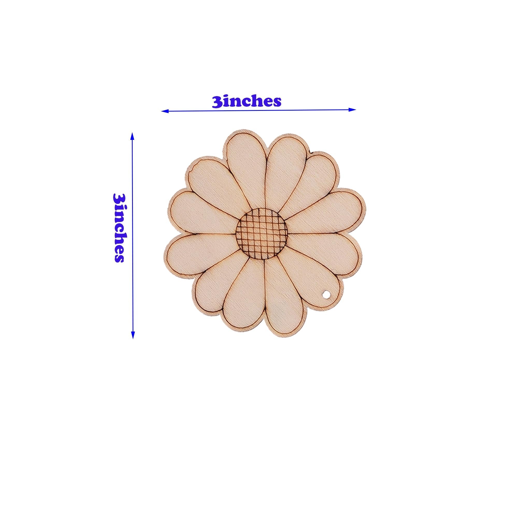 Unfinished wooden flower cutout with dimensions indicated by blue arrows and text.