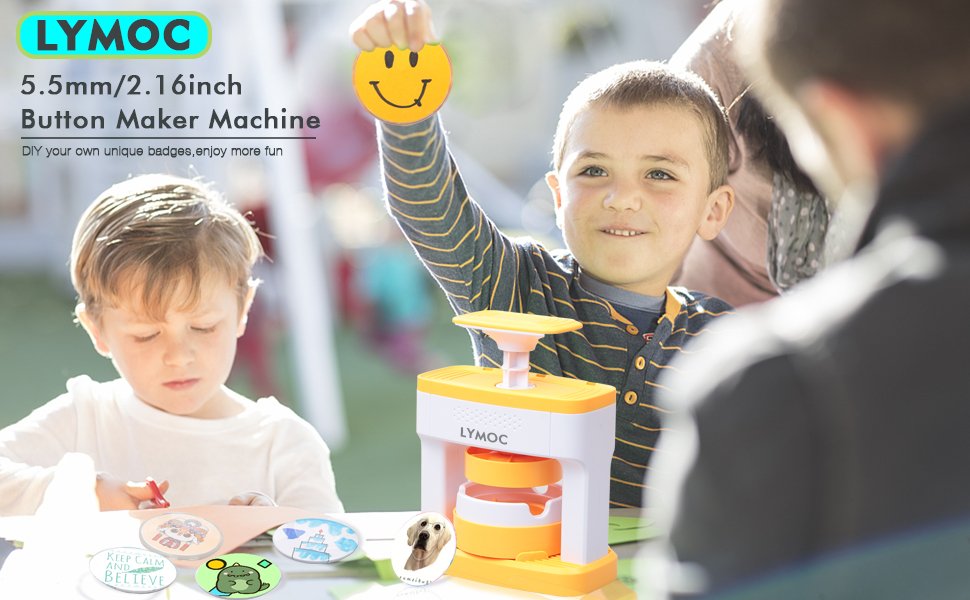 Children using a button maker machine to create badges, one child holds up a smiley face badge.
