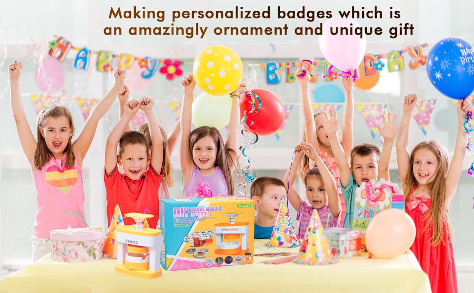 Children celebrating with a badge making kit on a table, balloons and birthday banner in background.