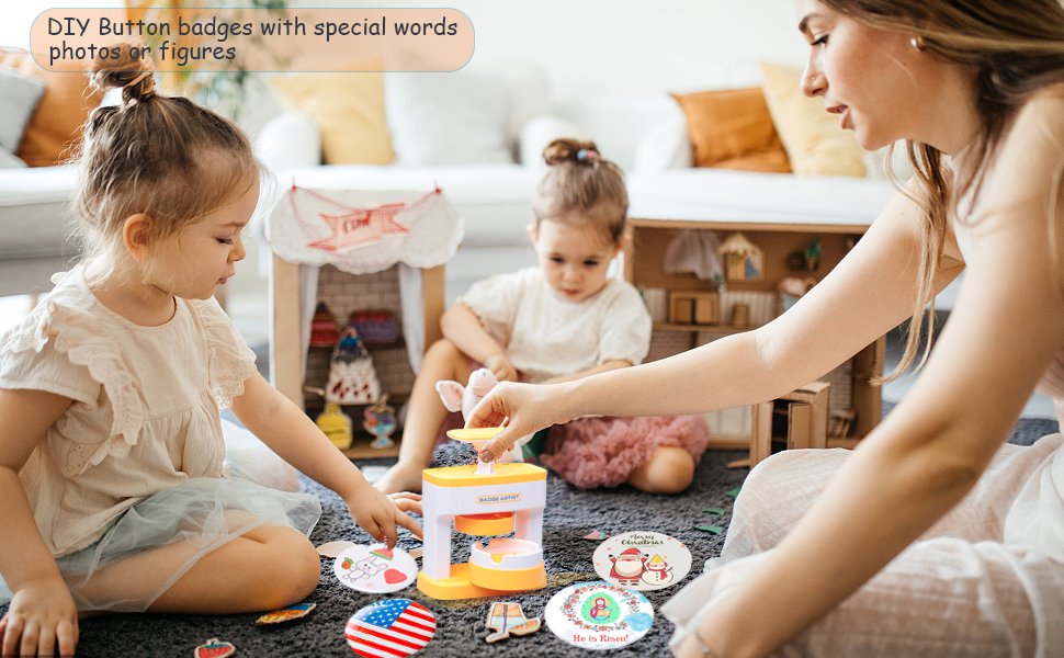 Woman and two children making DIY button badges with a badge maker kit on the floor.