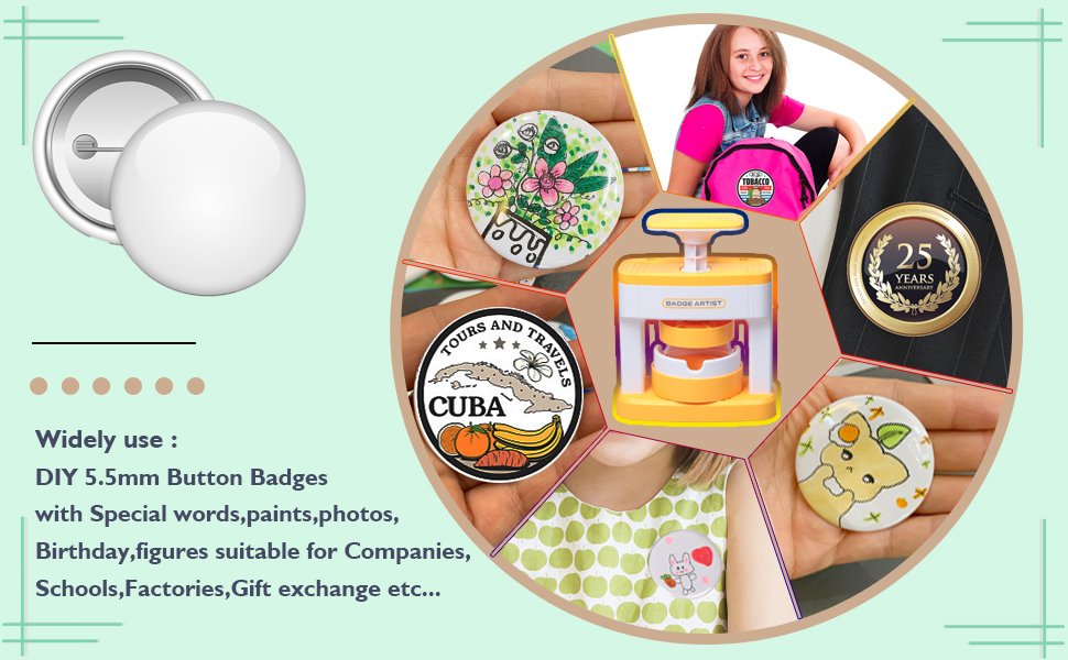 Button badge maker kit with examples of finished badges and a girl with a backpack.