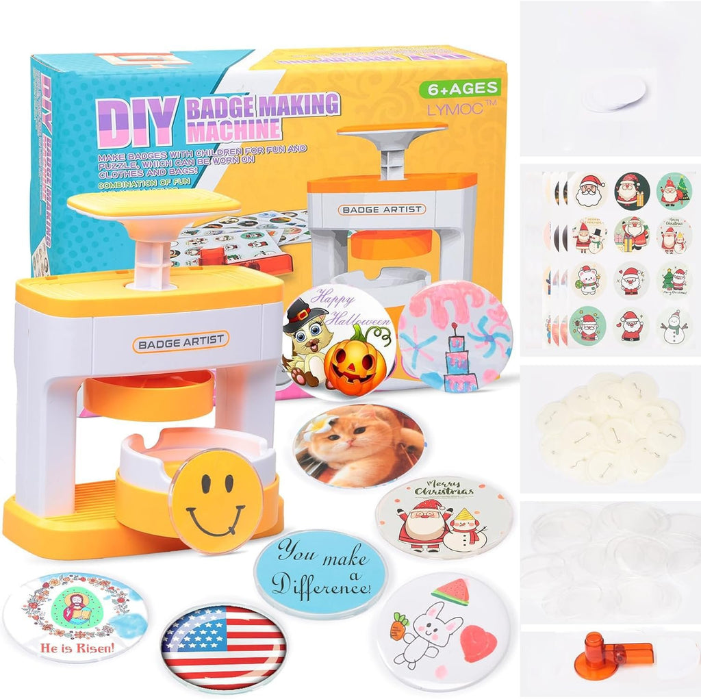 Button badge making machine kit with various badge designs, parts, and accessories on a white background.