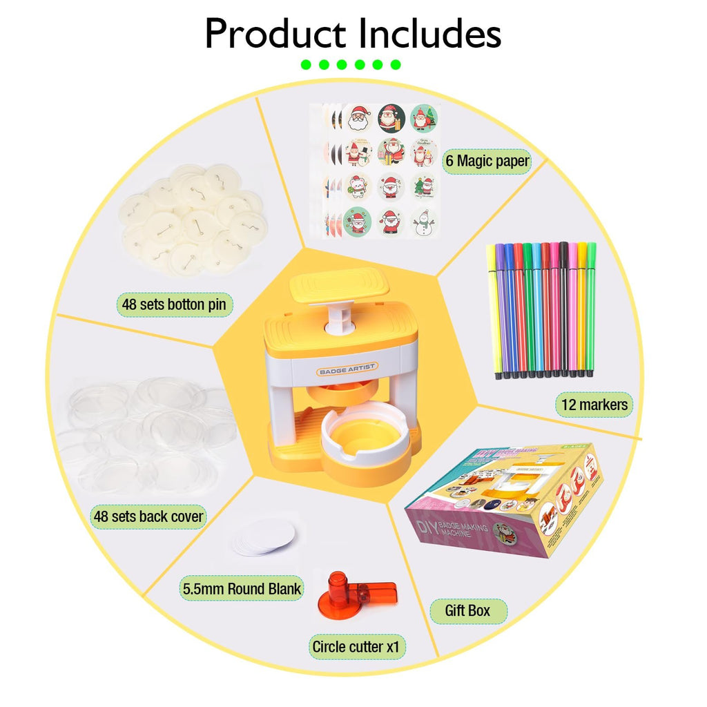 Button badge maker kit contents laid out in a circular diagram, showing the machine, pins, covers, paper, markers, cutter, and gift box.