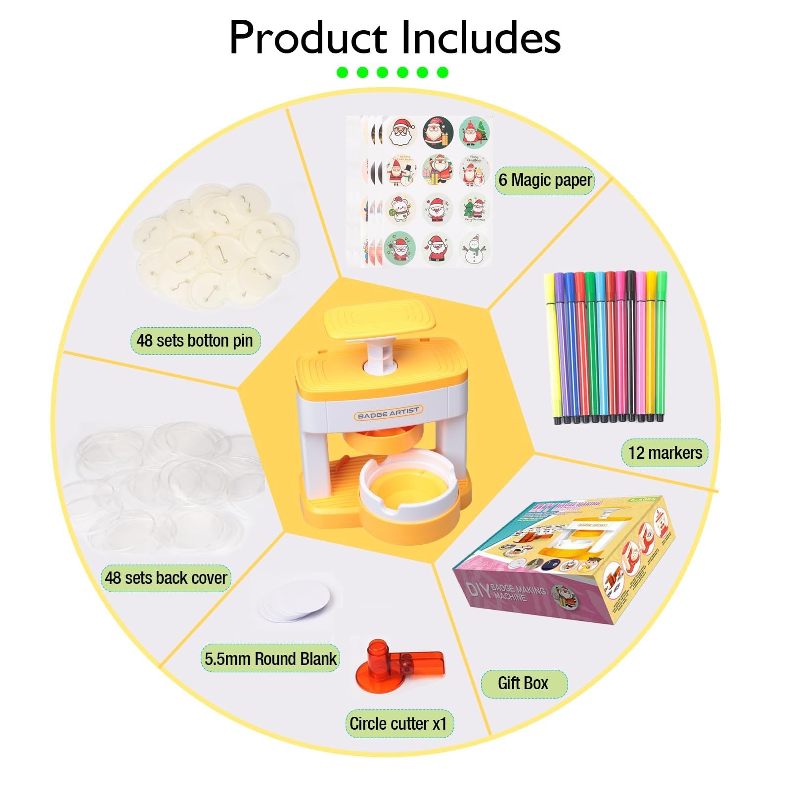Button badge maker kit contents laid out in a circular diagram, showing the machine, pins, covers, paper, markers, cutter, and gift box.