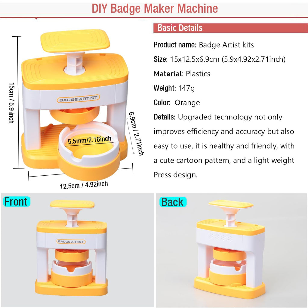 Orange and white button badge maker machine shown from front and side with dimensions labeled.